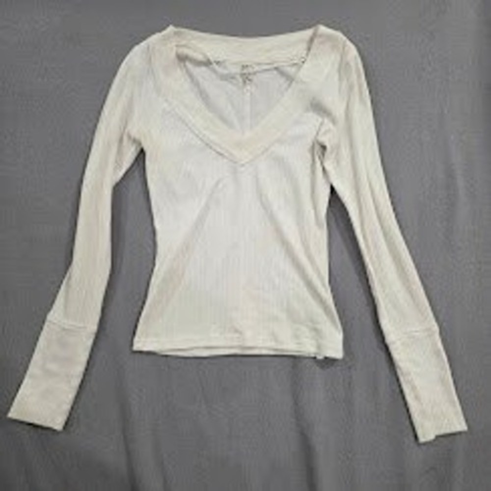 Free People Intimately Ribbed V Neck Long Sleeve Top Cream White S Balletcore